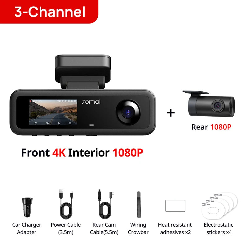 70mai t800e 3-Channel Front 4k + rear 1080p + interior 1080p HDR supercapacitor 24H parking GPS WiFi 6 70mai t800e voice control