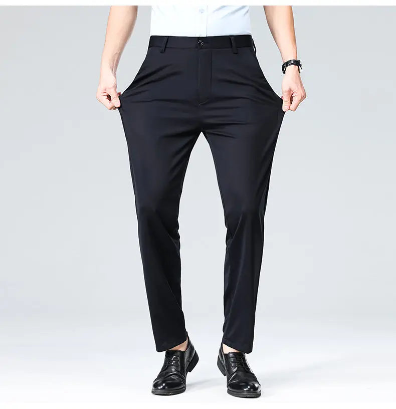 High-stretch fabric men's business trousers suitable for all seasons, featuring an elastic waistband and classic office/work for