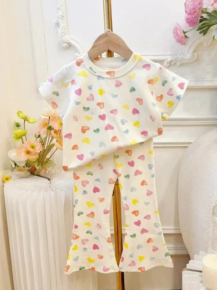 Girls Summer Colorful Printed Suit New Short Sleeved T-shirt + Trumpet Pants 2 Pcs Set Casual Clothes 2-7 Years