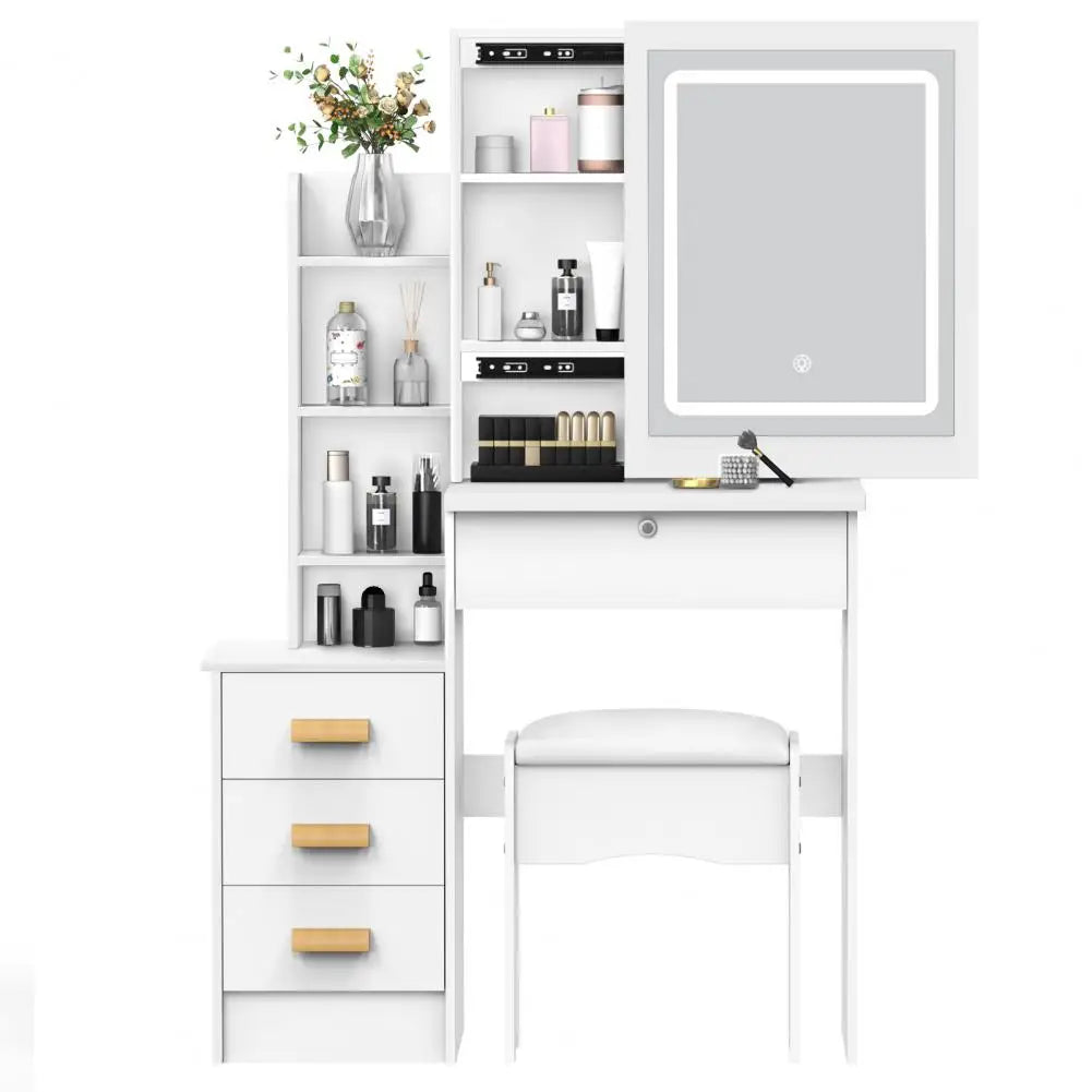 Bedroom Dressing Table Vanity Desk with Sliding Mirror and Lights Makeup Table with Hidden Storage Space