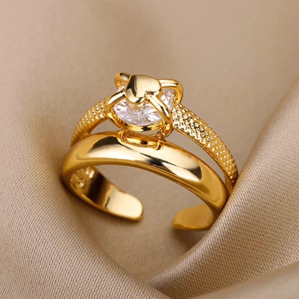 Fashion Chain Hollow Out Rings For Women Gold Color Stainless Steel Zircon Cross Open Ring Trendy Wedding Aesthetic Jewerly Gift