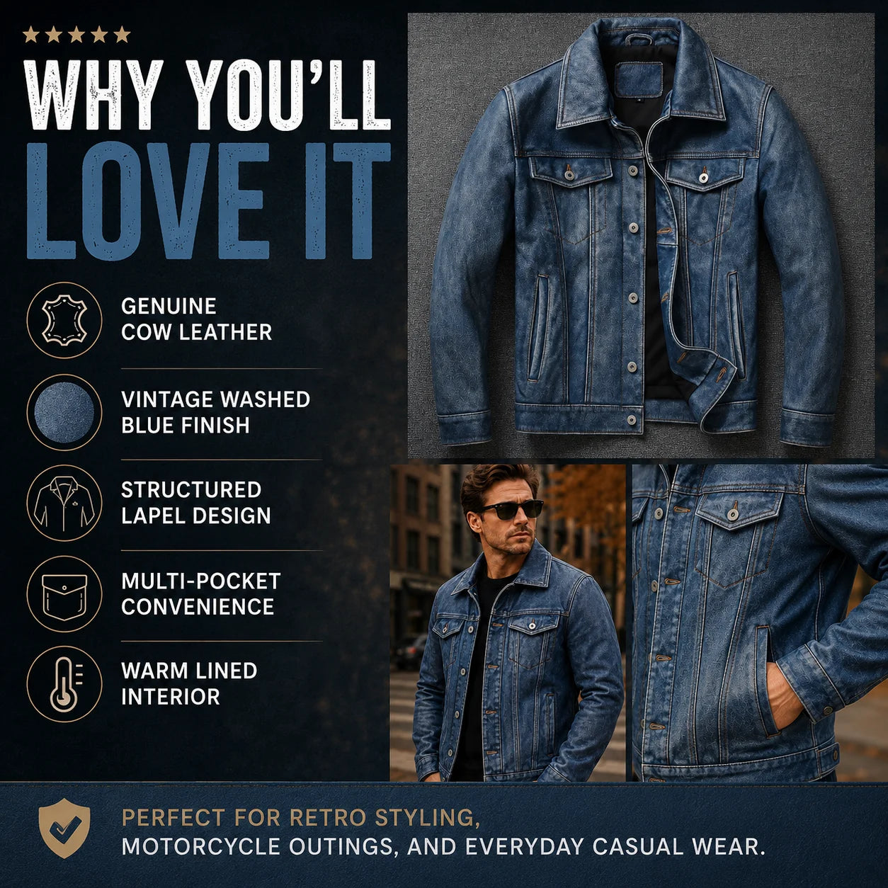 Men's Motorcycle Leather Jacket Light Blue Ami Khaki Retro Graphite Distressed Denim Genuine Leather Jacket Slim Short Jacket