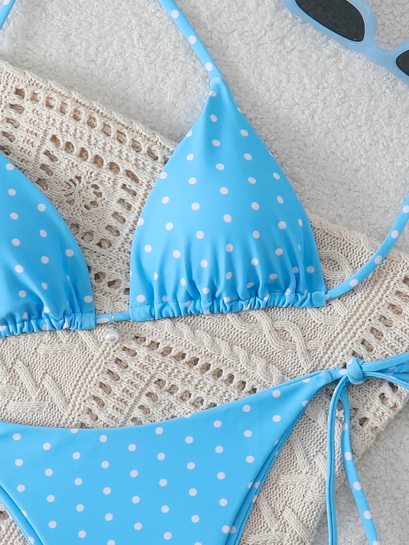 Women's Sexy Polka Dot Halter Bikini Set Lace-Up Low Waist Two-Piece Triangle Thong Swimwear Tie On Side Brazilian Biquinis