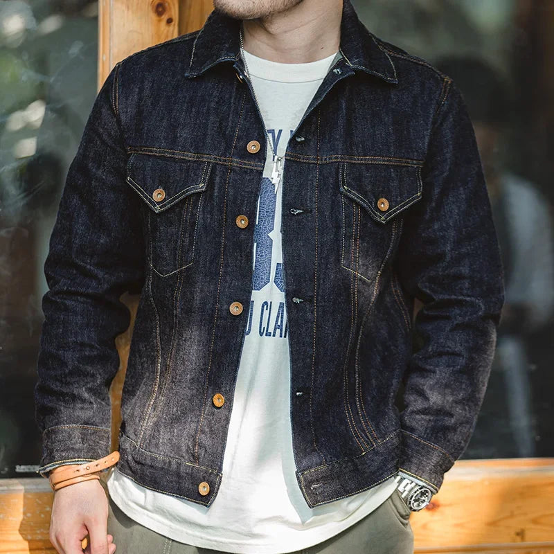Maden Men's Denim Jacket Washed Vintage Jean Jacket Type III Trucker Jacket Cotton Slim Fit Workwear Outerwear Autumn Dark Blue