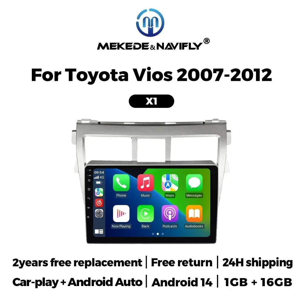 Wireless for CarPlay Android Auto Car Radio for Toyota VIOS Yaris 2007-2012 Video Multimedia Player GPS Stereo Head Unit BT WiFi