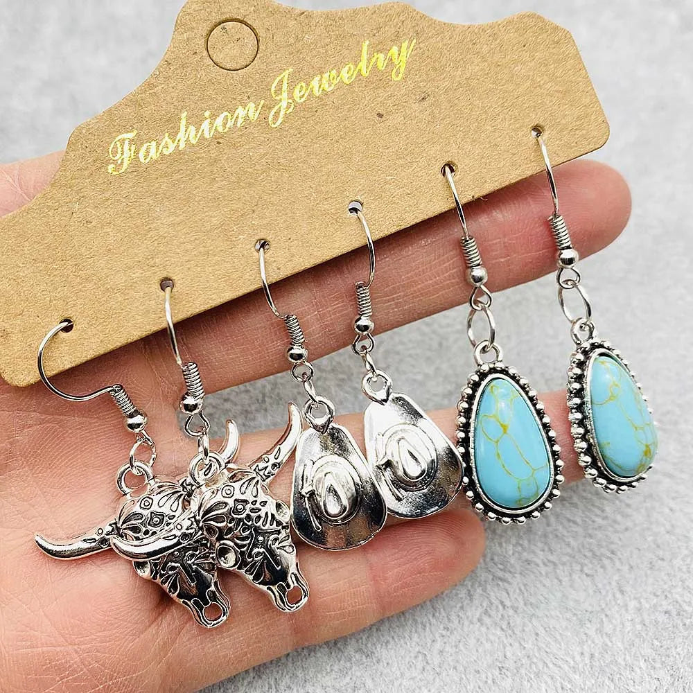 Western Retro  Turquoise Bull Head Earrings Cactus Boots Cowboy Hat Alloy Ethnic Style Earrings Set Jewelry for Women