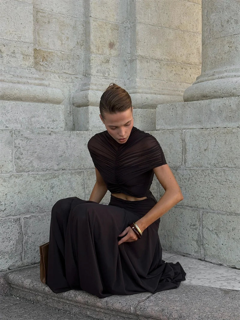 Mozision Hollow Out Short Sleeve Sexy Maxi Dress Women Fashion O Neck Ruched High Waist Bodycon Club Party Long Dress Female