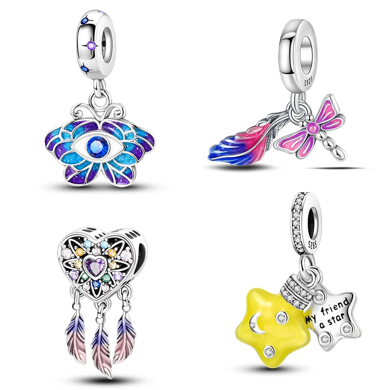 925 Sterling Silver Colorful Butterfly Dragonfly Feathers Charms Luminous Stars Pendants Fit Original Bracelets Fine DIY Jewelry