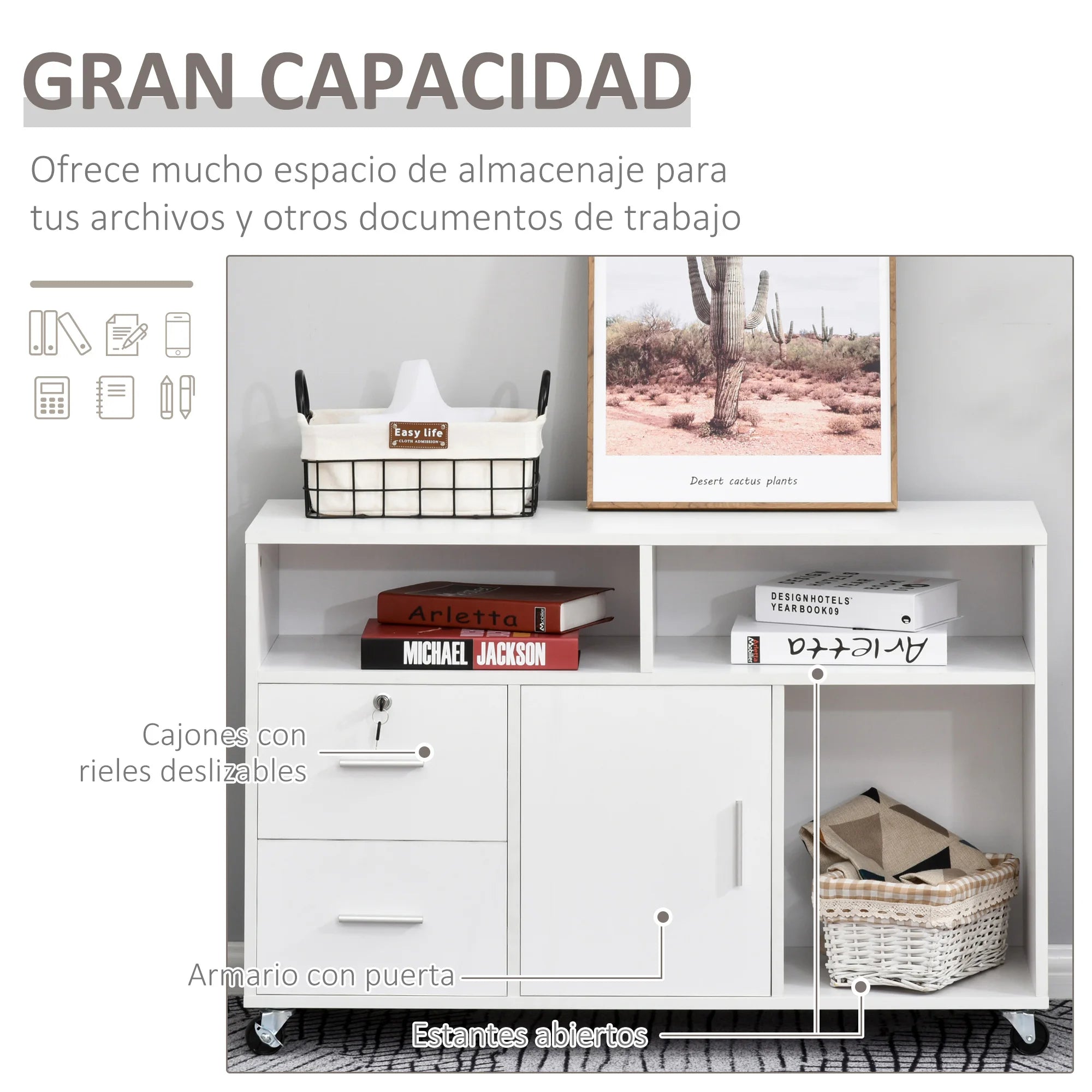 HOMCOM office furniture with wheels drawers and shelves 100x35x65 cm White