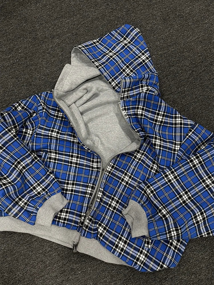 Winter Casual Plaid Print Hoodie Women's Warm Zip-Up Double-Sided Wear Sweatshirt Female Fashion Trendy Loose Hooded