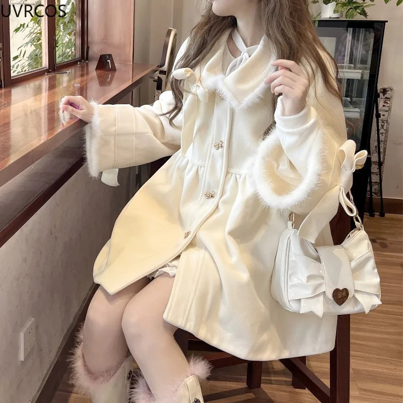 Japan Style Sweet Bow Lolita Woolen Coats Womem Winter Clothes 2024 Thickend Warm Outerwear Jacket Female Fashion Christmas Coat