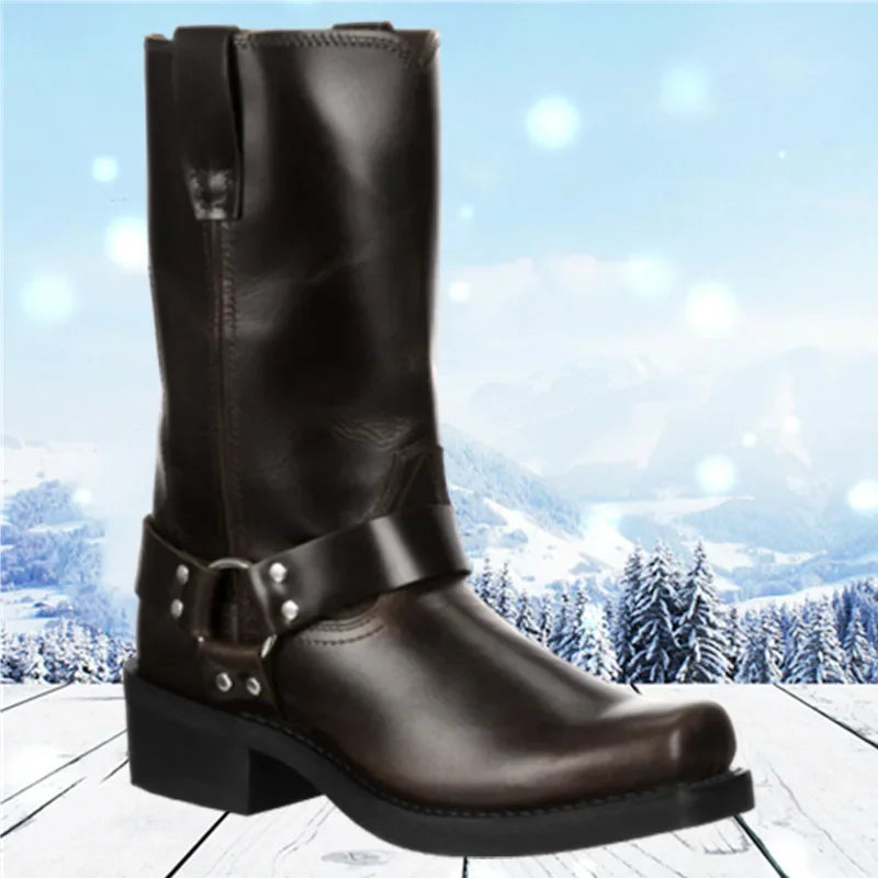 Retro Cowboy Mid Calf Western Pu Leather Man Slip on Shoes Winter Knight Booties Plus Size 39-48 Zapatos Hombre Chelsea Men