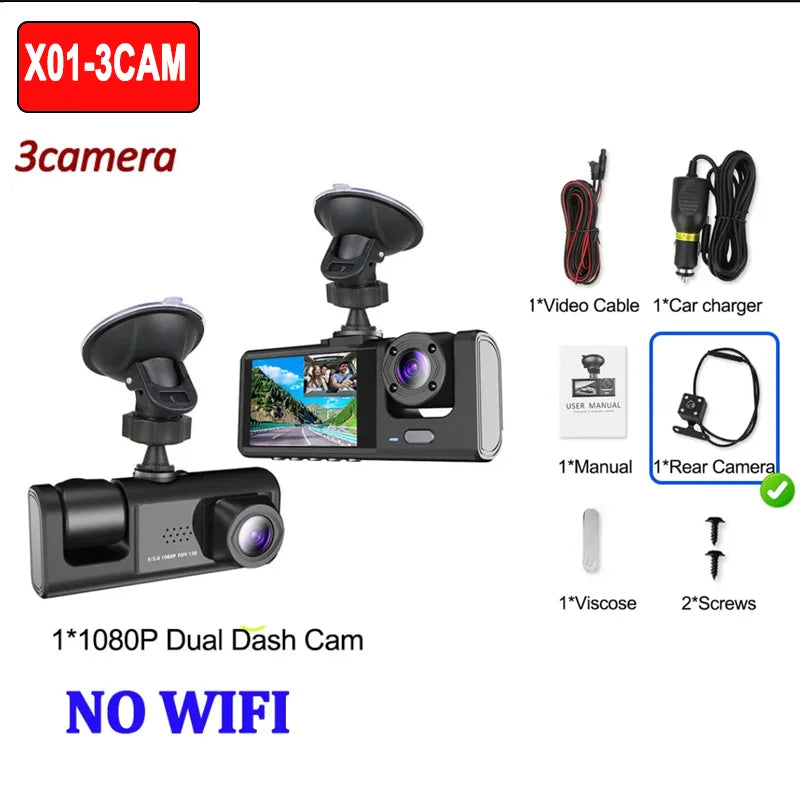 2/3Camera WIFI/NO WIFI Dash Cam Cabin Car Dvr 1080P Interior Vehicle Three Way Channel Dvrs Recorder Video Dashcam Camcorder
