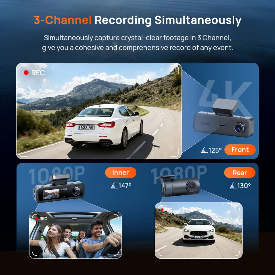 70mai 4K T800E 3-Channel Dash Cam Front Rear Interior 3-in-1 Voice Control 24H Parking Supercapacitor GPS 4K Car DVR 70mai T800E
