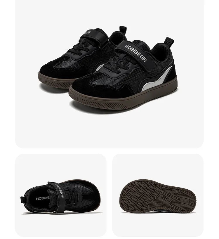HOBIBEAR Kids Wide Toe Barefoot Shoes Hook Loop Minimalist Sneakers Artificial Leather Mesh Retro Walking Shoes for Big Kid