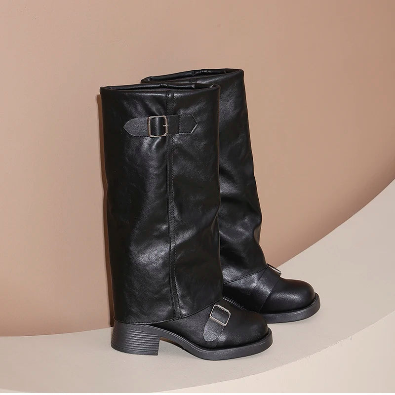 Vintage Thick Heel Women Knee High Boots Fashion Ladies Belt Buckle Knight Long Booties Botas De Inverno Feminina