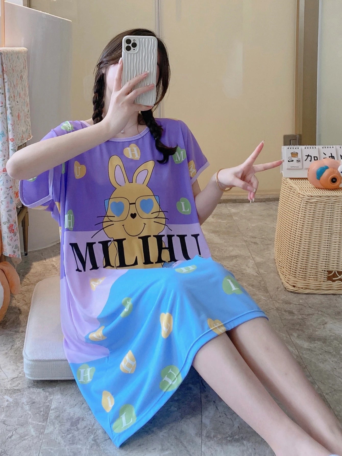 1PC, Summer And Autumn Cool Cute Girls Cartoon Nightdress, Comfortable Short-sleeved Dress, Women's Home Wear, Polyester Pajama