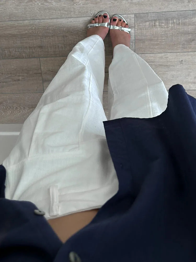 Summer White Pants For Women Cotton Formal High Waist Wide Leg Trousers Ladies Elegant Summer Women's Pants Straight Leg Office