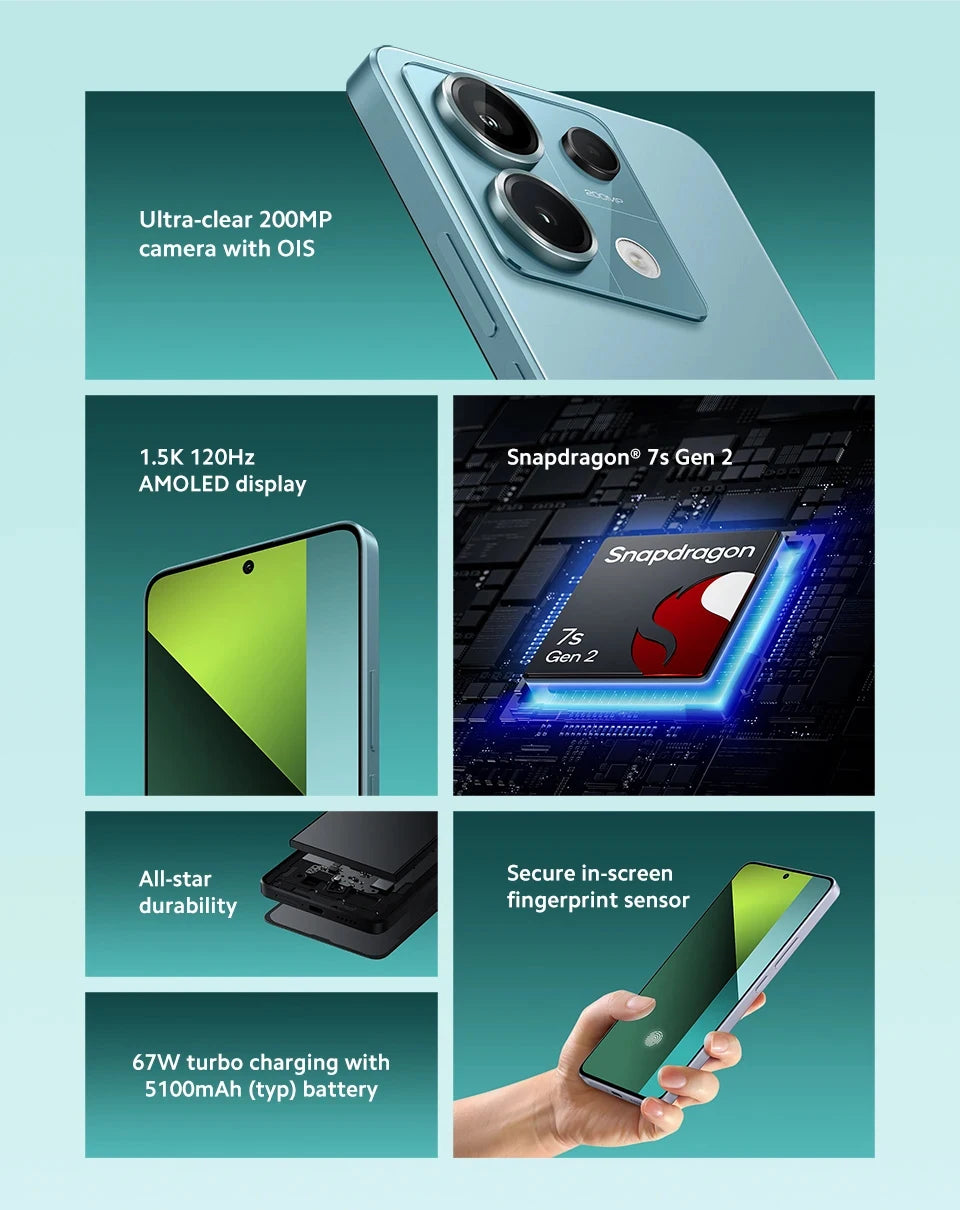 Global Firmware Xiaomi Redmi Note 13 Pro 5G Smartphone 128GB/256GB ROM Snapdragon 7s Gen 2 67W Turbo Used Phones no charger