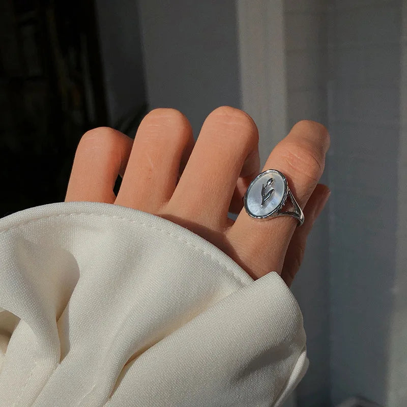 925 Sterling Silver Metal Flower Shell Geometric Rings For Women French Retro Romantic Open Thai