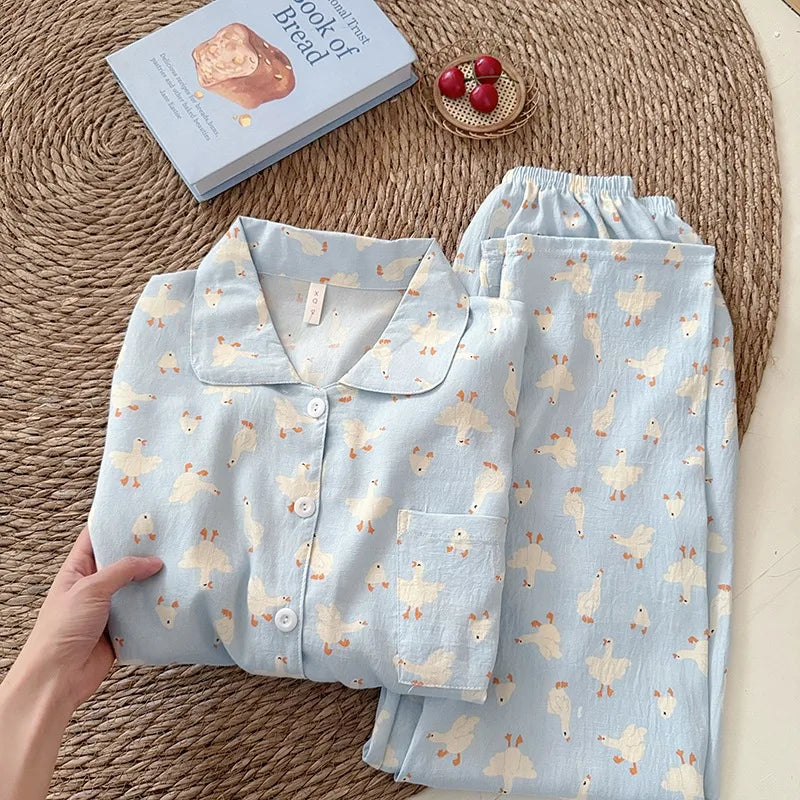 Sweet Cute Goose Print Korean Fashion Women's Pajamas Nightwear Kawaii Casual Lapel Neck Y2K Pajamas Set Autumn New Loungewear