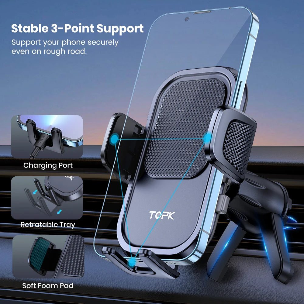 TOPK Car Phone Holder Mount for Cell Phones Upgraded Metal Hook Design,Hands-Free Holder for All Phones,Adjustable & Secure Fit