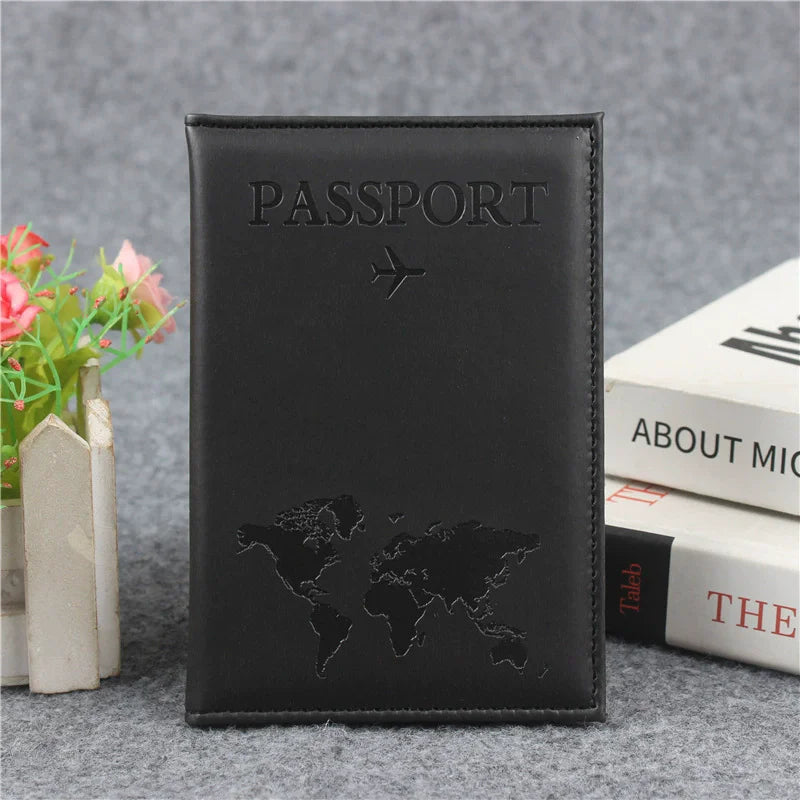 PU Leather Passport Cover For Men & Women World Map Travel Passport Case Organizer - Protective Card Holder ID Document Covers