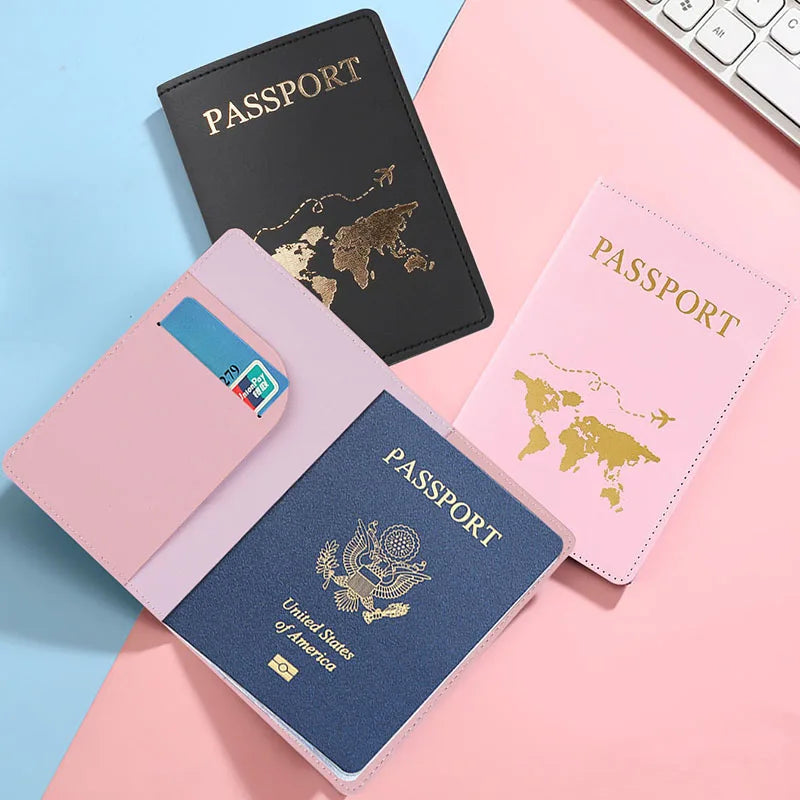 PU Leather Passport Cover For Men & Women World Map Travel Passport Case Organizer - Protective Card Holder ID Document Covers