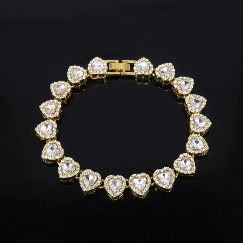 45CM New Hip Hop Tennis Chain Bracelet Necklace Shiny Heart Rhinestone CZ Fashion Rock Party Jewelry