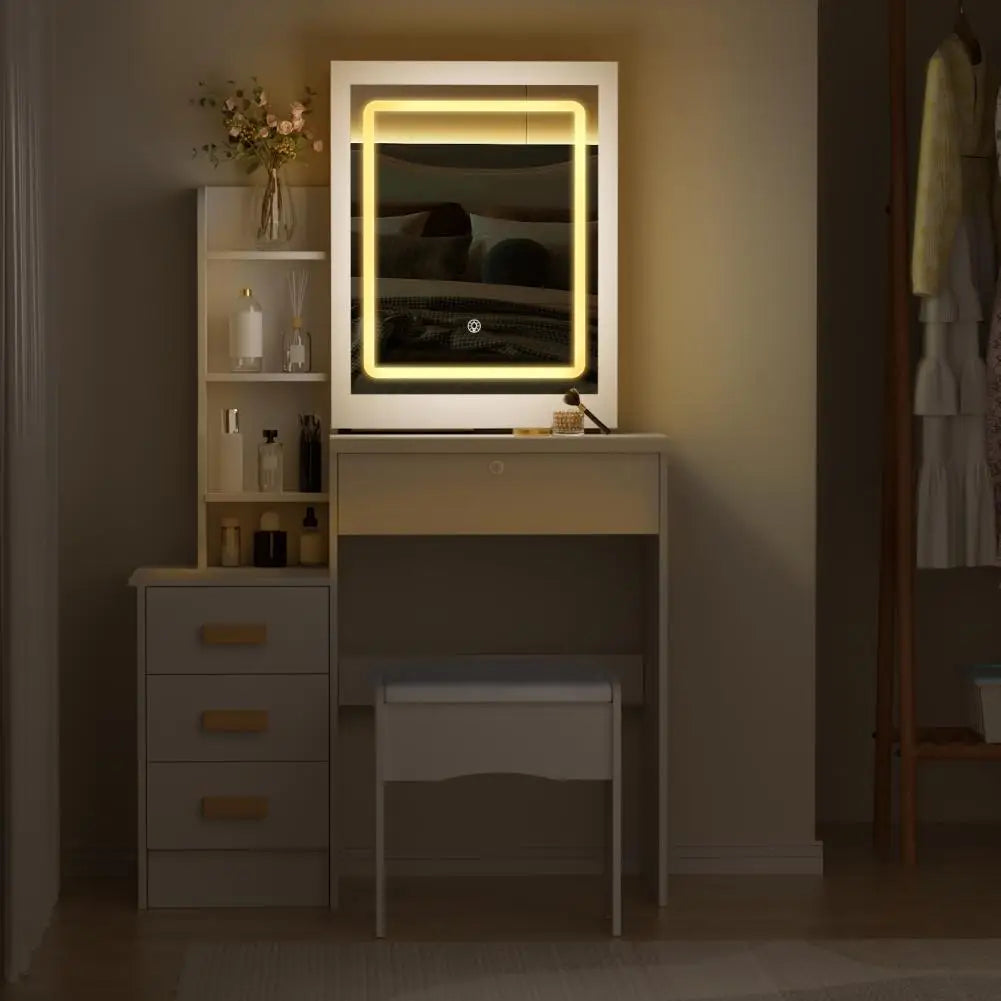 Bedroom Dressing Table Vanity Desk with Sliding Mirror and Lights Makeup Table with Hidden Storage Space