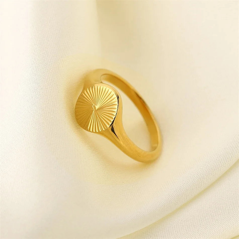 SUNIBI Stainless Steel Rings for Women Gold Color Do Not Fade Wave Rays Texture Signet Dainty Ladies Ring Jewelry Wholesale