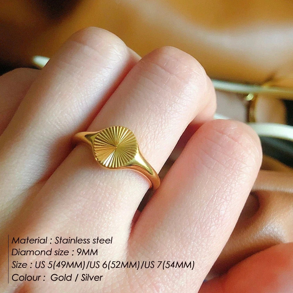 SUNIBI Stainless Steel Rings for Women Gold Color Do Not Fade Wave Rays Texture Signet Dainty Ladies Ring Jewelry Wholesale