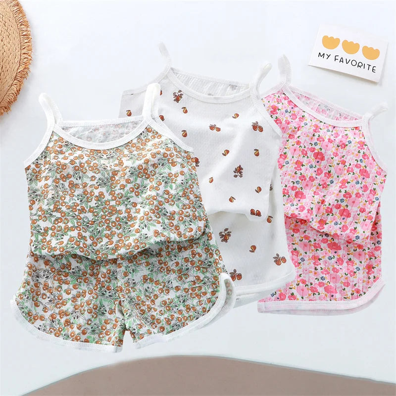 2026 New Kids Tops+shorts Set Summer Thin Baby Cotton Vest Sleeveless Loungewear Set for Girls Suit
