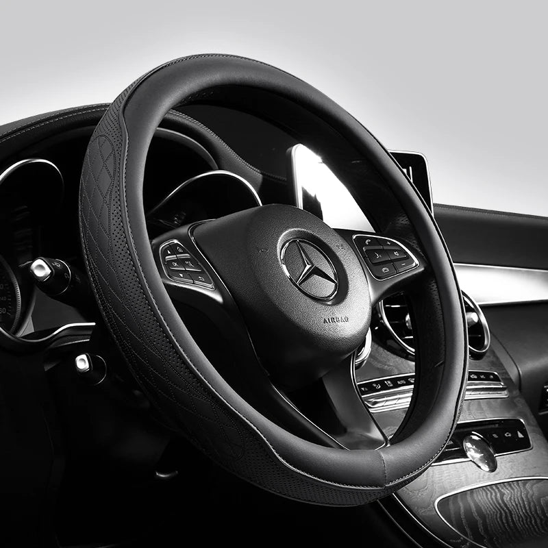 Napa Leather Perforated Patchwork Car Steering Wheel Cover, Non-slip, Breathable, Fits 14.5–15 Inch Steering Wheel Cover