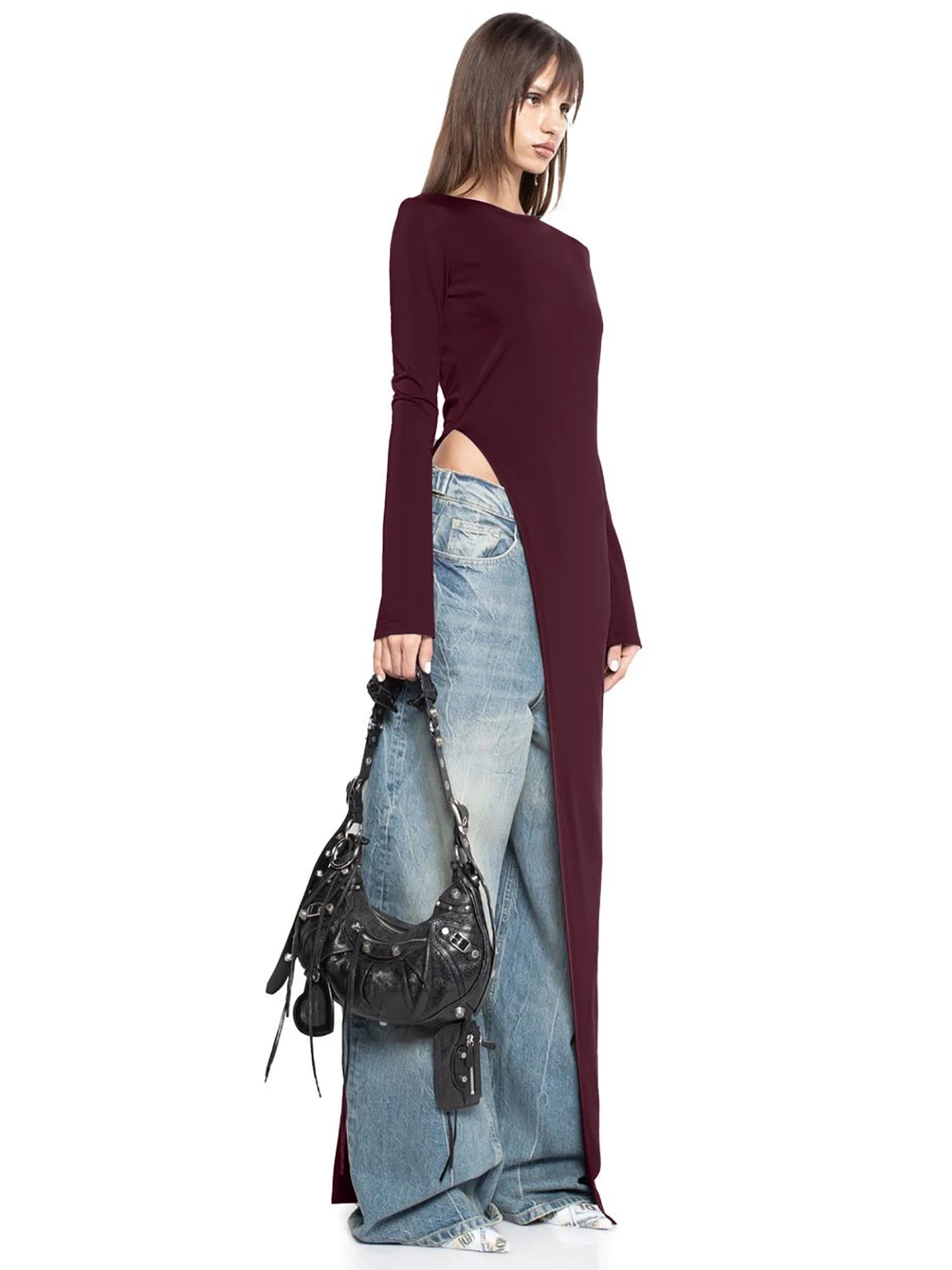 Dulzura Long Sleeves Side High Slit Maxi Dress Solid Sexy Long Dress Women’S Party Club Streetwear Autumn Winter Outfit