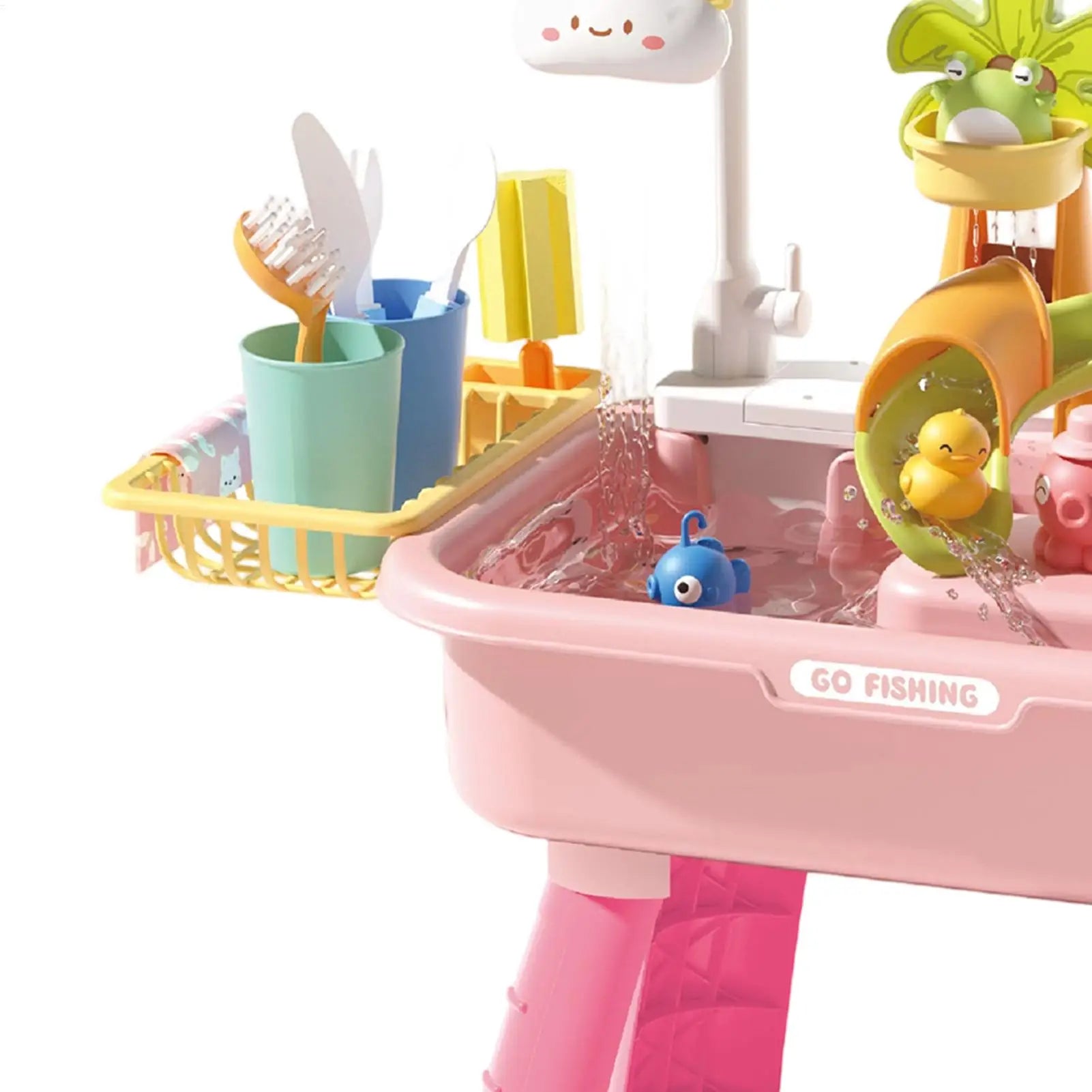 Kitchen Water table Sets with Pump,Tableware & Fishing Game for Kids,Children's Play Sink with Running Water & Electric Faucet