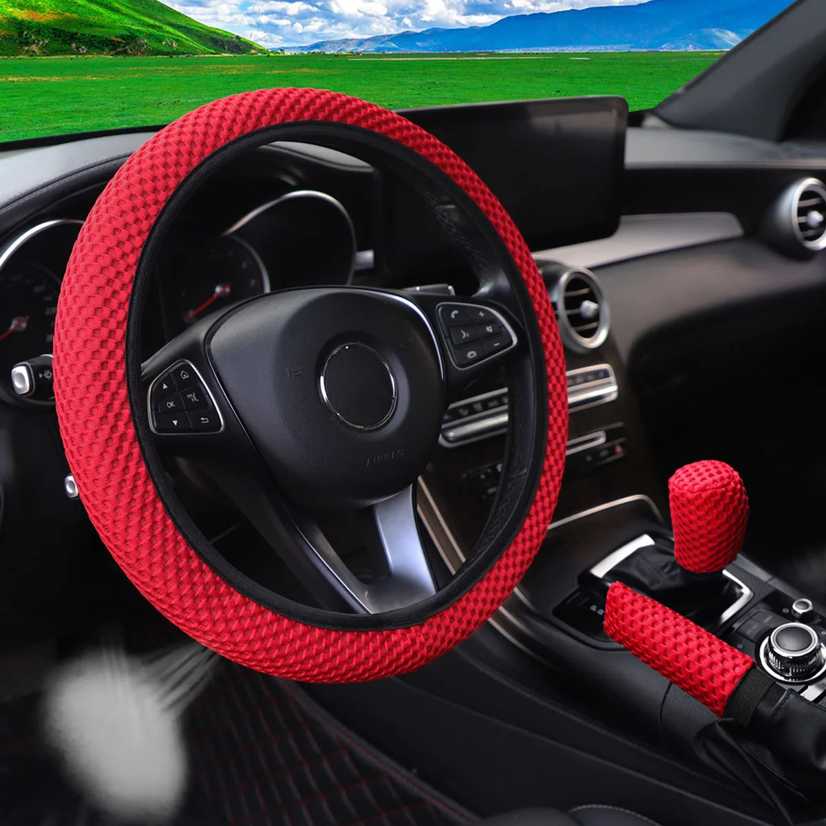 3 Car Massage Mesh Cloth Steering Wheel Cover Handbrake & Handle Cover Set Breathable No Inner Ring for 14.5-15 Inch Accessories