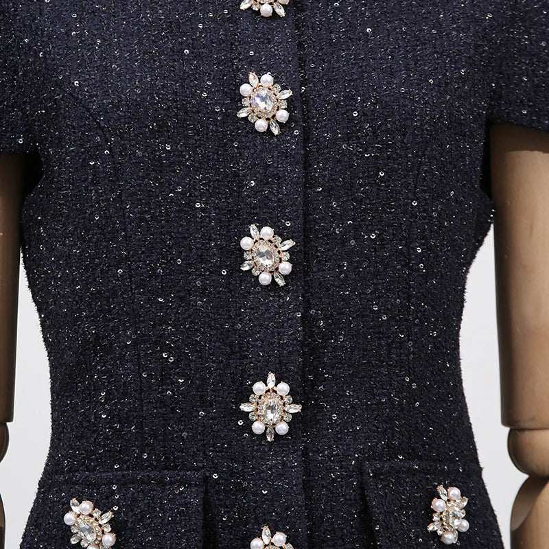 VGH Chic Two Piece Sets for Women Stand Collar Short Sleeves Spliced Pocket Tweed Top High Waist Maxi Skirts Vintage Suit Female