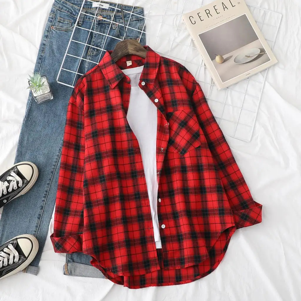 Casual Women's Plaid Shirt 2025 Spring Autumn New Ladies Loose Blouse and Tops Female Long Sleeve Shirts Fresh Checked Clothes