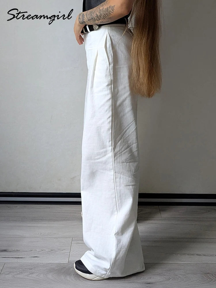 Summer White Pants For Women Cotton Formal High Waist Wide Leg Trousers Ladies Elegant Summer Women's Pants Straight Leg Office