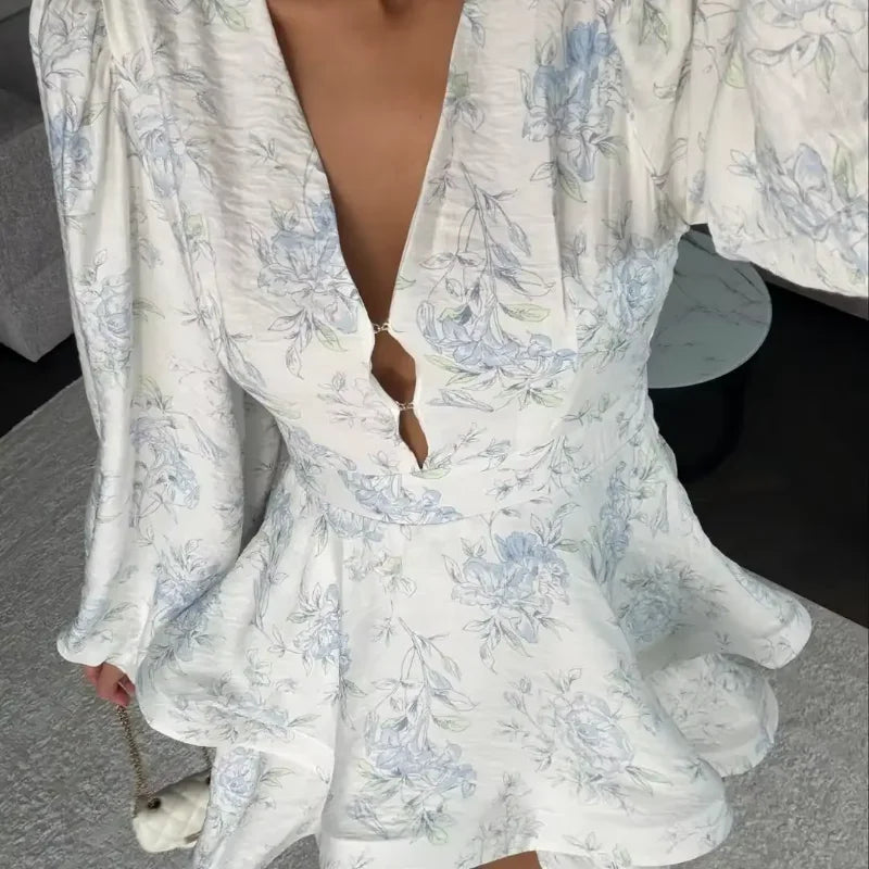 Women Floral Print Mini Dress V-neck Balloon Sleeve Keyhole Detail Tiered Ruffle Hem Dresses 2026 New Summer Holiday Party Gowns