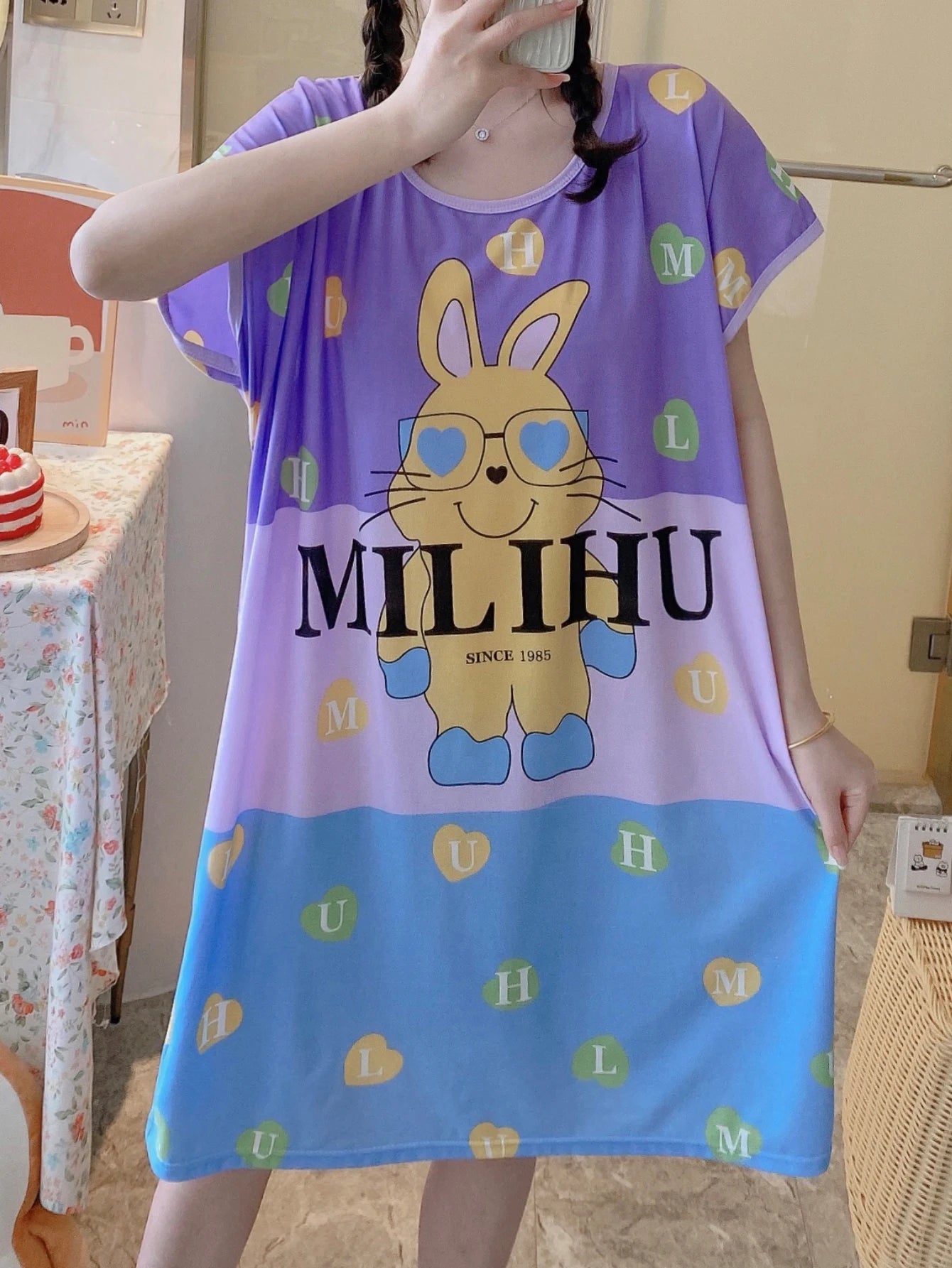 1PC, Summer And Autumn Cool Cute Girls Cartoon Nightdress, Comfortable Short-sleeved Dress, Women's Home Wear, Polyester Pajama