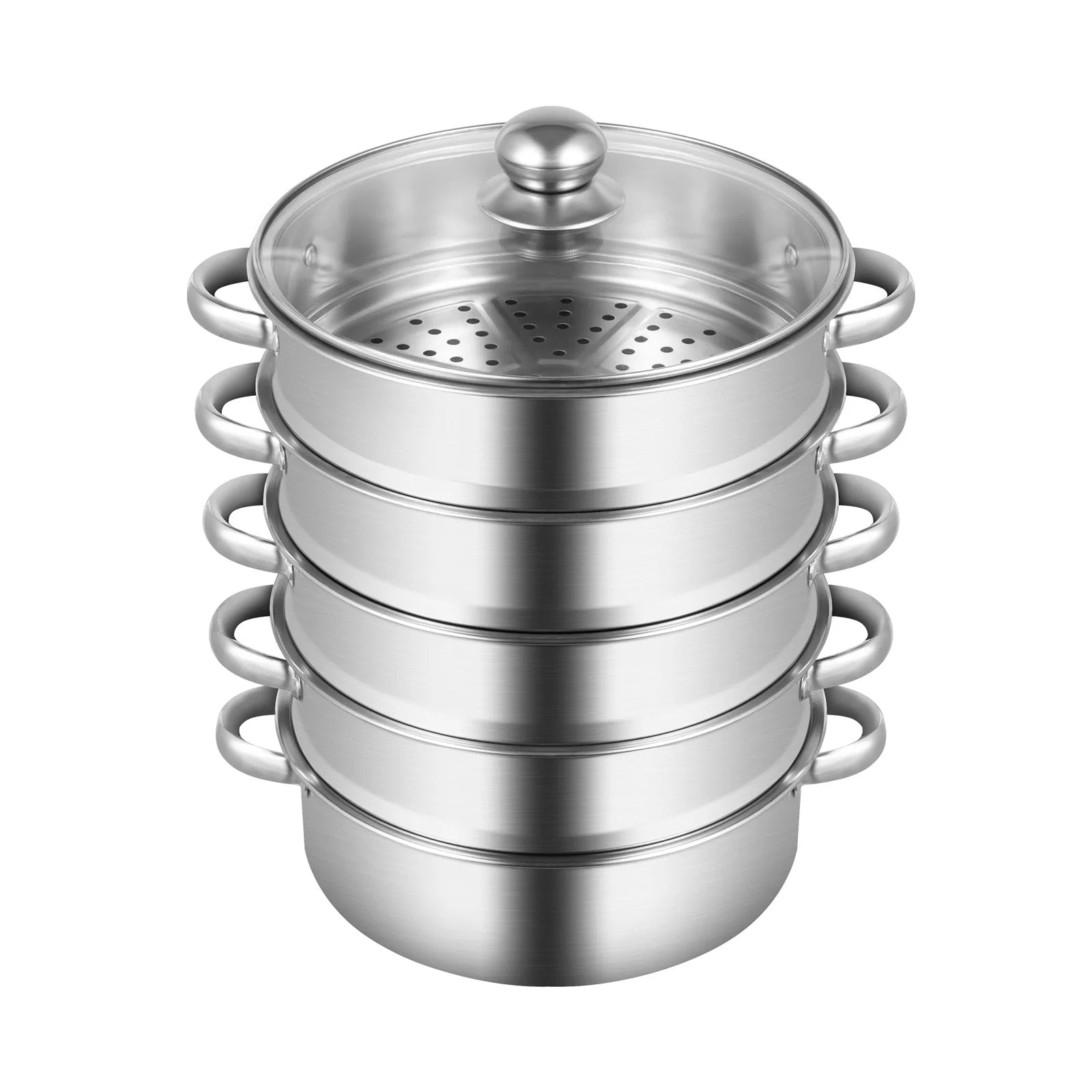 5-Layer Steamer 26cm/28cm/30cm Steam Cooker 304 Food-Grade Stainless Steel 4 Steaming Grids and 1 Cooking Pot W/ Glass Lid