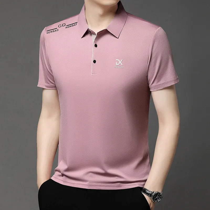 New Men's Business Casual Short Sleeved Shirt with Badge Solid Color Polo Shirt Fashionable Breathable Comfortable Versatile Top