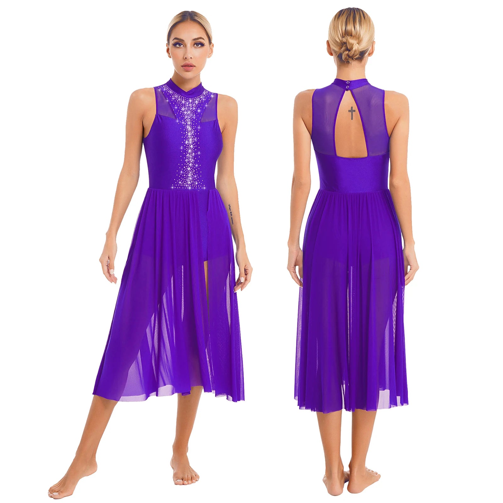Womens Ballet Lyrical Dance Dress Cutout Back Full Length Overlay Leotard Costume Latin Rumba Tango Maxi Dress Long Dancewear