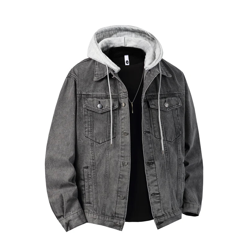 Autumn Winter Hooded Denim Jackets Men Casual Streetwear Outerwear Solid Color Loose Couple Denim Coats Hat Detachable Jacket