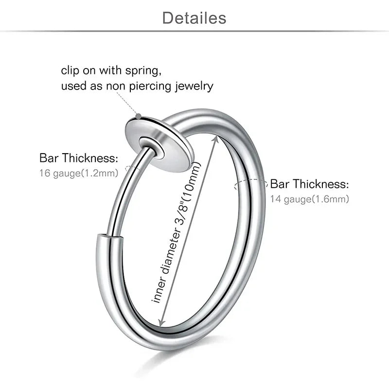 2-6Pc Fake Nose Ring retractable earrings Hoop Faux Lip Earrings Cartilage Septum Clip on Ear Lobe Helix Anti Conch Non Piercing