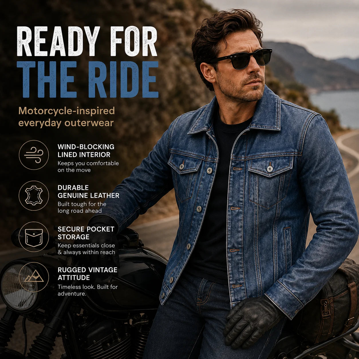 Men's Motorcycle Leather Jacket Light Blue Ami Khaki Retro Graphite Distressed Denim Genuine Leather Jacket Slim Short Jacket