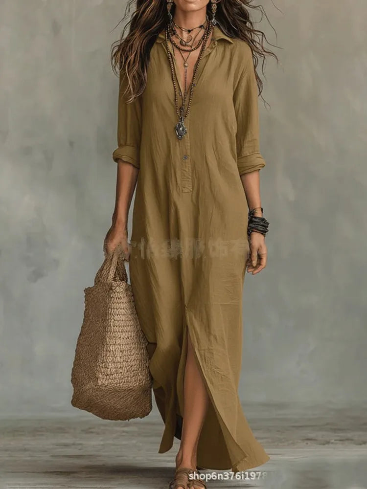Casual Long Sleeve Loose Maxi Dress Women 2026 Summer Solid Color Turn-down Collar Beach Long Dresses Elegant Vestidos
