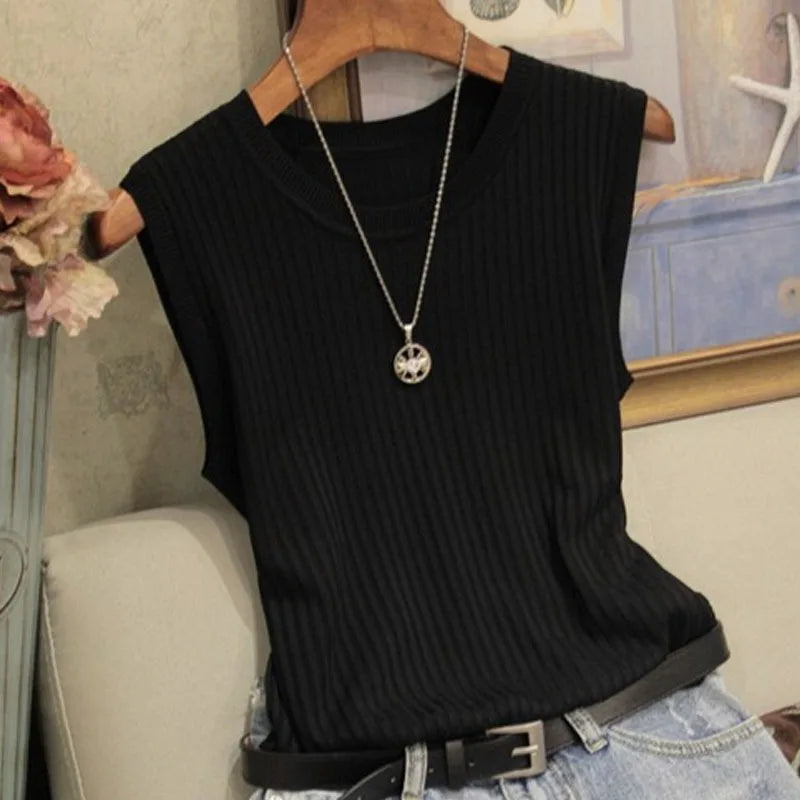 2026 Summer New Fashion Knitted Vests O-neck Sleeveless Casual Thin Tops Sleeveless Blouse Women Shirt